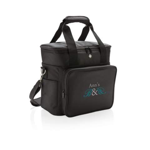 Deluxe 1680D and 600D polyester cooler bag with extra-large zipped main compartment and front sleeved pocket. Fits up to 20 cans. Double reinforced carrying handles. Removable adjustable shoulder strap.