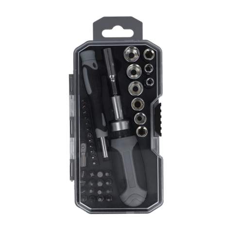 Set d'outils complet de 41 pièces : 1 x connecteur de tournevis de 60 mm ; 1 x poignée de tournevis ; 1 x tournevis à cliquet ; 1 x AD de 24 mm ; 9 x douilles de 1/4 de pouce ; 16 x embouts de tournevis de 25 mm ; 12 x embouts de tournevis de 28 mm

