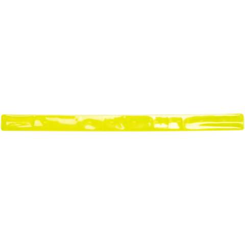 Slap wraps provide 360 visibility in the dark and are ideal for carrying promotional messages. By using these certified slap wraps you make traffic safety a feature of your brand. A slap wrap is an elongated reflector with a specially developed spring welded inside. With a light slap it easily curls around the arm or ankle. Available in various sizes, and in white or yellow colour. Features a florescent RFX™ soft reflective film made from phthalate free PVC or the more sustainable option TPU. Materials have been tested in accordance with SVHC (Substances of Very High Concern) REACH candidate list and are free of phthalates. The slap wraps are CE tested and approved in accordance with EN 17353 type B 2. Supplied with an information sheet. Made in Europe.