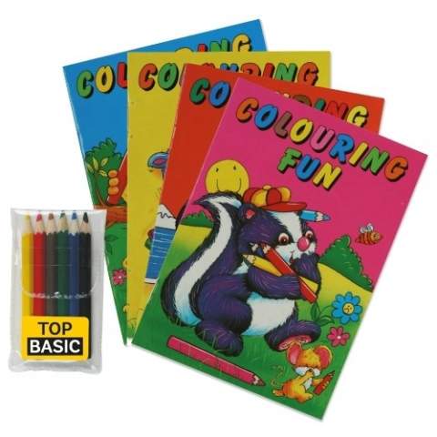 A6 colouring book (150x105mm), sixteen pages. With six short colour pencils (LT91575) in a transparent polybag. Printing on a sticker on the pencil case.