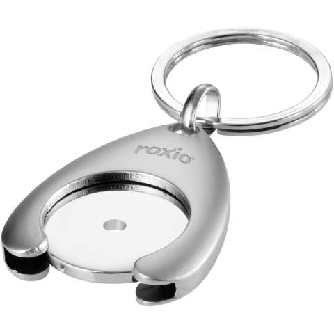 Trolley coin holder keychain. 1 euro sized coin with Ø 6 mm hole and holder, ideal for a supermarket shopping trolley.
