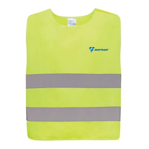 S-sized high-visibility vest designed for children aged 7 to 12, suitable for those with a height ranging from 90 to 155 cm. This vest offers a generous surface area for decoration, both on the front and back. It is equipped with hook and loop closures on the shoulders and at the base, providing additional safety and facilitating effortless vest donning. The opposing elastic bands ensure stretchability, enabling comfortable wear even over bulky coats. This vest has undergone testing and complies with EN 17353:2020 Type AB3. Moreover, it adheres to the PPE guidelines outlined in Regulation (EU) 2016/425 for Personal Protective Equipment Category II.  Made with GRS certified recycled PET. Total recycled content: 58% based on total item weight. GRS certification ensures a completely certified supply chain of the recycled materials.
