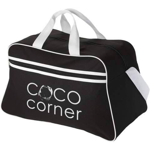 Sport bag with zippered main compartment and front pocket with zipper closure.
