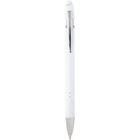 The Kish ballpoint pen with silver finish has a barrel made of recycled aluminium with a touch stylus made of silicone. Recycled aluminium reduces the amount of waste in landfills and helps to conserve natural resources aiming to reduce greenhouse emissions. Ink colour: Blue. Writing length: 800 metres. Nib size: 1.0 mm.