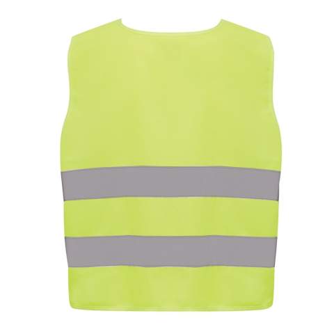 S-sized high-visibility vest designed for children aged 7 to 12, suitable for those with a height ranging from 90 to 155 cm. This vest offers a generous surface area for decoration, both on the front and back. It is equipped with hook and loop closures on the shoulders and at the base, providing additional safety and facilitating effortless vest donning. The opposing elastic bands ensure stretchability, enabling comfortable wear even over bulky coats. This vest has undergone testing and complies with EN 17353:2020 Type AB3. Moreover, it adheres to the PPE guidelines outlined in Regulation (EU) 2016/425 for Personal Protective Equipment Category II.  Made with GRS certified recycled PET. Total recycled content: 58% based on total item weight. GRS certification ensures a completely certified supply chain of the recycled materials.