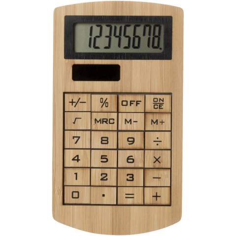 8 digit eco-friendly bamboo calculator. Works on solar power.
