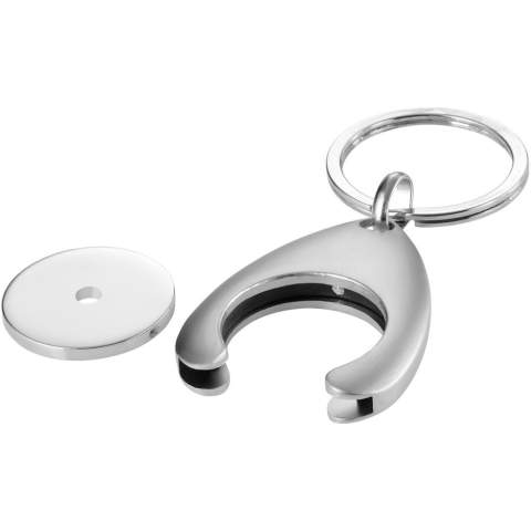 Trolley coin holder keychain. 1 euro sized coin with Ø 6 mm hole and holder, ideal for a supermarket shopping trolley.