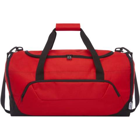 Durable duffel bag made out of 100% GRS certified recycled, post-consumer plastic which contributes to the reduction of plastic waste. Features large main compartment and front zipper pocket, padded shoulder strap, and padded handles. Approximately 27 bottles are recycled to make this bag.