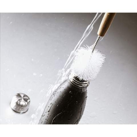 Cleaning brush designed for the cleaning of drinking bottles. Also suitable for narrow neck bottles. The turned brush head enables the inside base of bottles to be cleaned with ease. Supplied with a wooden handle and hanging loop.