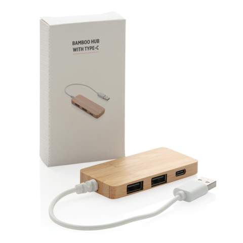 Bamboo USB 2.0hub with 2 USB A ports and one type C port to extend the USB ports on your computer. With integrated PVC free TPE cable.