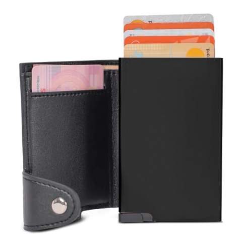 Sophisticated aluminum card holder with stylish leatherette wallet. The card holder protects your cards against RFID skimming. Simply push the button and retrieve up to six cards (four with embossing). The wallet can hold another credit card and bank notes.