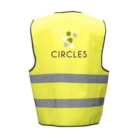 Veste de sécurité fluorescente, 100 % tricot polyester. Taille unique adaptable par bande auto-agrippante réglable. (EN-20471 classe 2). Par pièce dans un étui.