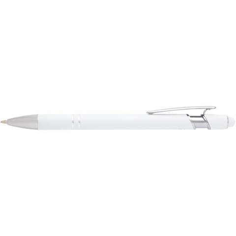 The Kish ballpoint pen with silver finish has a barrel made of recycled aluminium with a touch stylus made of silicone. Recycled aluminium reduces the amount of waste in landfills and helps to conserve natural resources aiming to reduce greenhouse emissions. Ink colour: Blue. Writing length: 800 metres. Nib size: 1.0 mm.