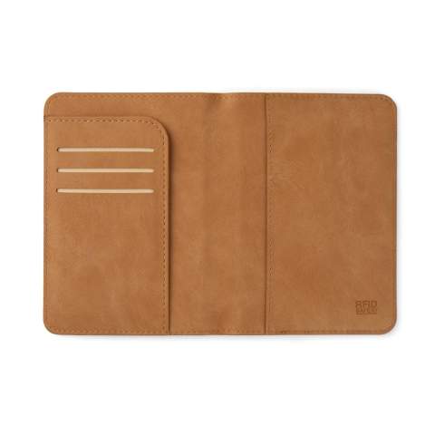 Stay organized and travel securely with our elegant passport holder, designed with built-in RFID protection to prevent unauthorized scanning. Perfect for both business trips and vacation adventures. The holder features practical compartments for your passport, boarding passes, and credit cards, making it easy to keep everything in one place. Certified by RCS (Recycled Claim Standard), RCS certification guarantees that the entire supply chain of recycled materials is certified. The total recycled content is based on the overall product weight. This product contains 23% RCS certified recycled polyester and 10% RCS certified recycled PU.