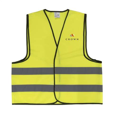 Veste de sécurité fluorescente, 100 % tricot polyester. Taille unique adaptable par bande auto-agrippante réglable. (EN-20471 classe 2). Par pièce dans un étui.