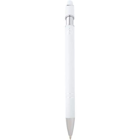 The Kish ballpoint pen with silver finish has a barrel made of recycled aluminium with a touch stylus made of silicone. Recycled aluminium reduces the amount of waste in landfills and helps to conserve natural resources aiming to reduce greenhouse emissions. Ink colour: Blue. Writing length: 800 metres. Nib size: 1.0 mm.