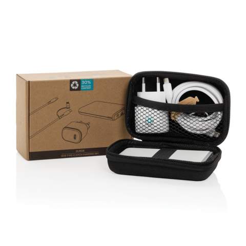 3 pcs 20W fast charging set for mobile devices and other small devices. With EU adapter with 20W USB C port, 5000 mAh powerbank and 120cm recycled TPE 60W fast charging cable (USB C to USB /Lightning). The cable supports data transfer and also charging of larger devices like laptops. Adapter, powerbank and cable made from RCS certified recycled PC, ABS and recycled TPE. Packed in pouch made from RCS certified recycled PET. Total recycled content of whole set: 59% based on total item weight. RCS certification ensures a completely certified supply chain of the recycled materials. Packed in FSC® packaging. PVC Free. Input wall charger AC 100-240V 50/60Hz 0.6A; Output wall charger USB-C :5.0V⎓3.0A,9.0V⎓2.22,12.0V⎓1.67A (20W Max). Output powerbank 5V⎓2.4A -USB-C Input: 5V⎓2.4A<br /><br />PowerbankCapacity: 5000<br />PVC free: true