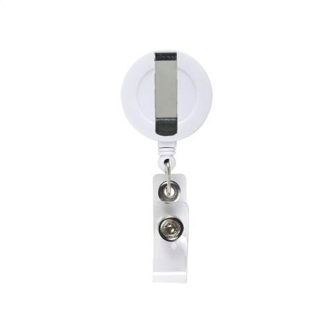 Badge/pass holder with metal belt clip, retractable nylon cord and press stud fastener.