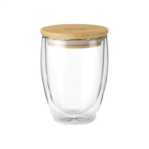 High quality double-walled glass. This clear borosilicate glass has a sleek and contemporary design with bamboo lid with silicone ring. An insulating layer of air forms between the heat-resistant glass walls. If you fill the glass with a hot drink, the outer wall remains cool and easy to hold. Not dishwasher-safe. Capacity 350 ml. Each item is supplied in an individual brown cardboard box.