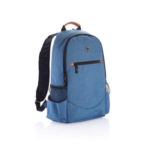 600D 2 tone polyester backpack with fashionable brown details on the handles and zippers.<br /><br />FitsLaptopTabletSizeInches: 15.0<br />PVC free: true