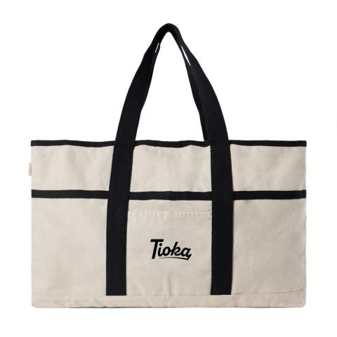 Hit the beach in style with this generous beach bag. Its spacious design, complemented by a towel holder at one side, makes it perfect for beach outings or picnics. The interior features a pocket to keep your valuables safe and secure. Crafted from 500 gsm recycled canvas. The canvas remains undyed and unbleached, eliminating any environmental impact from chemicals. Crafted from 100% recycled material, this bag reinforces our dedication to responsible sourcing. It also features the AWARE™ tracer technology, validating the genuine use of recycled materials. 2% of the proceeds of each product sold will be donated to Water.org.