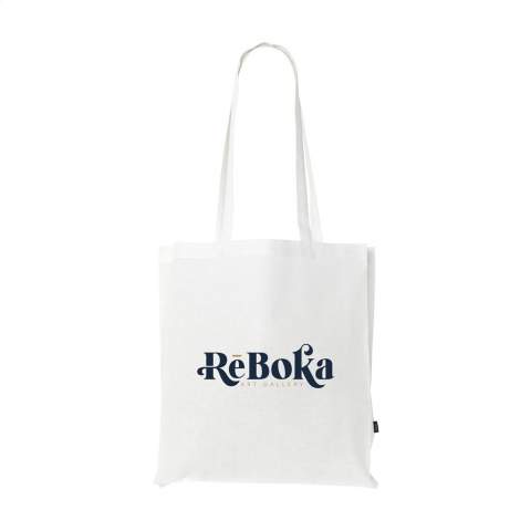WoW! ECO shopping bag with long handles, made from 80% mixed recycled cotton canvas and 20% recycled polyester (150 g/m²). GRS-certified. Total recycled material: 100%. Capacity approx. 12 litres.