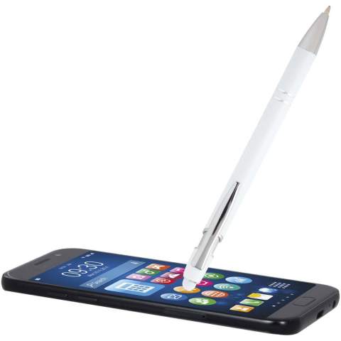 The Kish ballpoint pen with silver finish has a barrel made of recycled aluminium with a touch stylus made of silicone. Recycled aluminium reduces the amount of waste in landfills and helps to conserve natural resources aiming to reduce greenhouse emissions. Ink colour: Blue. Writing length: 800 metres. Nib size: 1.0 mm.