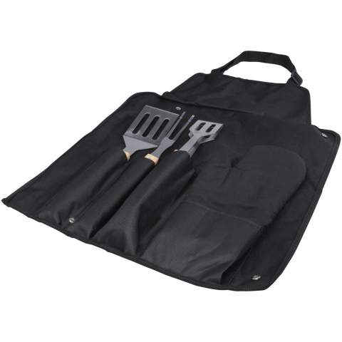 5-piece BBQ set with a shovel (36.5 x 7 cm), fork (36.5 x 2 cm), tong (36.5 x 5 cm), glove (25 x 16 cm), and an apron including pouch (42 x 60 cm). The handles are made of bamboo that is sourced and produced following sustainable standards.

