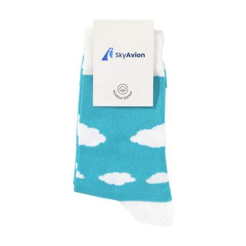 Comfortable socks from the Kingly brand. These high-quality socks are made from ethical materials and consist of a blend of 80% combed cotton, 17% polyamide and 3% elastane. With a snug, comfortable fit and reinforced heel and toe areas for a longer life.    The socks can be personalised with a knitted, customised design in up to 6 colours. Choose from 160 yarn colours. Each pair is packed with a recycled label that can be printed with your own full-colour design - creating socks that perfectly match your brand identity.    Available sizes: M 36-39 and L 40-46. Minimum order quantity: 50 pairs per size and per design.    OEKO-TEX-certified. Made in Europe.