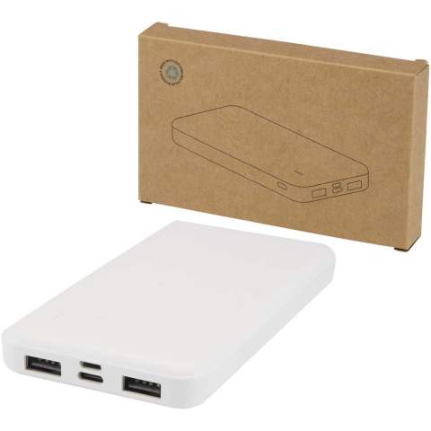Stay charged with the Intan 10.000 mAh power bank, made from recycled plastic. It features two USB-A output ports, a Type-C input/output port, and a micro-USB input for flexible charging options. The sleek design includes an LED indicator to display charging status, making it a reliable power source throughout the day.
