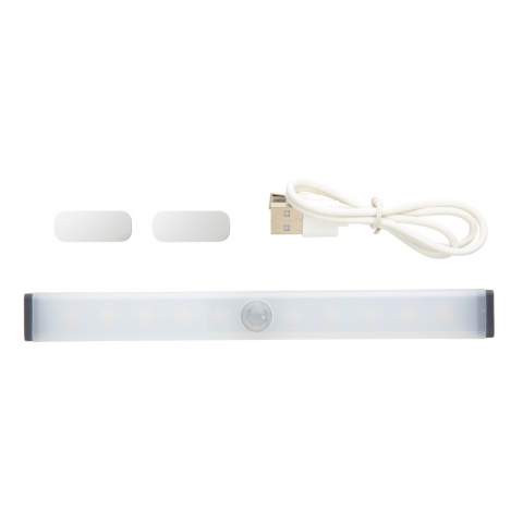Aluminum LED strip motion sensor with 10 LED. With magnetic back panel to attach it to metal surfaces. Including 2 magnets with stickers to attach to non-magnetic surfaces. Perfect to use in the garage, above your desk, in the hallway or in your closet. Two modes: continuous or automatic sensor  detection. The LED light will switch on when it detects motion and switch off after 35 seconds if no further motion is detected. With 500 mah lithium battery for continuous usage up to 4.5 hours and sensor distance up to 3 metres. USB re-chargable with the included PVC free micro USB cable.<br /><br />Lightsource: LED<br />LightsourceQty: 5