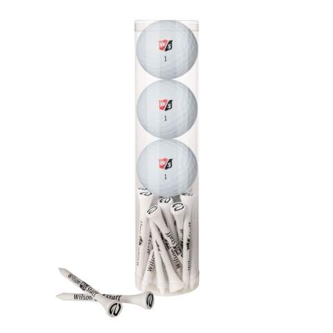 transparent tube with 20 bamboo Wilson-tees 70 mm with printing on the cup and 3 Wilson PX3 Soft golf balls with printing on 1 side