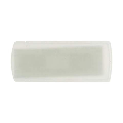 Transparent plaster box with a handy sliding lid. Includes five plasters. Available for digital print or pad print in one colour.