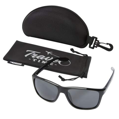 Polarized sunglasses made from plant based plastics. The high end finished frame and temples are made from Rilsan Clear G850 Rnew, a polymer derivative of castor oil. This material is a sustainable alternative to traditional plastics, and is also great for producing lightweight and flexible frames for comfortable eyewear. The lenses are polarized which eliminates reflecting sunlight, making it ideal for driving a car or during other sunny summer or winter outdoor activities. This eyewear conforms to EN ISO 12312-1, has UV400 lenses which are rated as Category 3. Delivered with a soft storage pouch (18 x 9 cm) made from recycled PET plastic, that also functions as a cleaning cloth, all packed in hard storage case (18 x 8 x 6.5 cm), also made from recycled PET plastic.