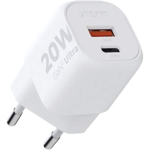 De 20 W GaN² Ultra-wandoplader is compacter en krachtiger dan ooit tevoren. Met zijn compacte ontwerp en functionaliteit met twee poorten is deze wandoplader perfect voor onderweg, op kantoor of thuis. Om afval te verminderen en bij te dragen aan een duurzamere toekomst, is de oplader gemaakt van 97% gerecycled plastic. Uitgang: 1 USB-C 20 W voeding en 1 USB-A 18 W Quick Charge 3.0. Geleverd met handleiding.