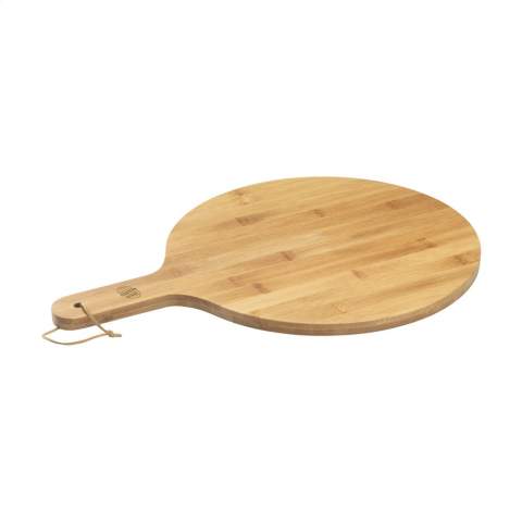Round serving board with leather cord. Made from strong, polished bamboo. Durable, ecologically responsible, hygienic, antibacterial and easy to clean. This board has a large serving area with a diameter of no less than 31.5 cm. A generous size for serving pizza or tapas during parties and with drinks. Also, suitable as both a cheese board and chopping board.  NOTE: Due to the natural grains and contours of bamboo, we cannot guarantee consistency in depth/colour of the engraving. Each item is supplied in an individual brown cardboard box.