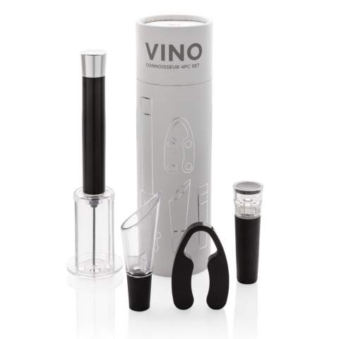 Have everything you need to open, serve and store your favourite wines with this 4 pcs wine set. The set consists of an air pump wine opener, foil cutter, wine stopper with vacuum pump & wine pourer with aerator. Packed in a luxury gift tube.