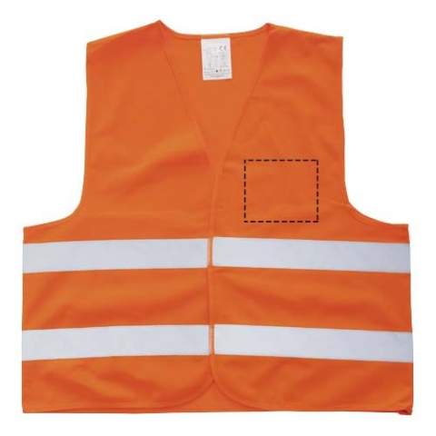 High visibility warning vest Class 2, suitable for persons between 165-180 cm. Large decoration area on the front and on the back of the vest. Visibility clothing for professional use. Fluorescent background and reflective tape. Specification EN ISO 20471:2013+A1:2016. These garments bear CE marking to demonstrate compliance with EU Regulation 2016/425/EU Personal Protective Equipment Category II.