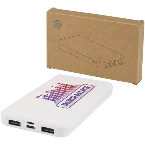 Stay charged with the Intan 10.000 mAh power bank, made from recycled plastic. It features two USB-A output ports, a Type-C input/output port, and a micro-USB input for flexible charging options. The sleek design includes an LED indicator to display charging status, making it a reliable power source throughout the day.