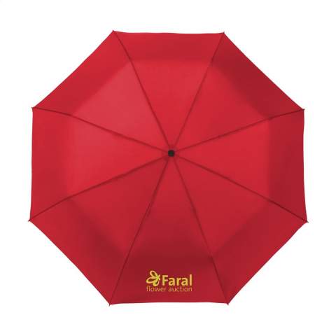 Kompakter, faltbarer Regenschirm mit 190T-Polyesterbezug. Metallrahmen und -griff, Kunststoff-Hängegriff mit Schlaufe, Klettverschluss und Aufbewahrungshülle. Manuelle Bedienung.