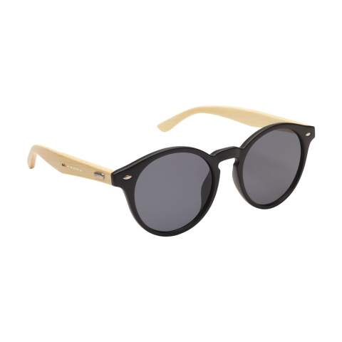Sunglasses with a stylish, round, matt black frame, bamboo temples, and black lenses with UV 400 protection (according to European standards).
