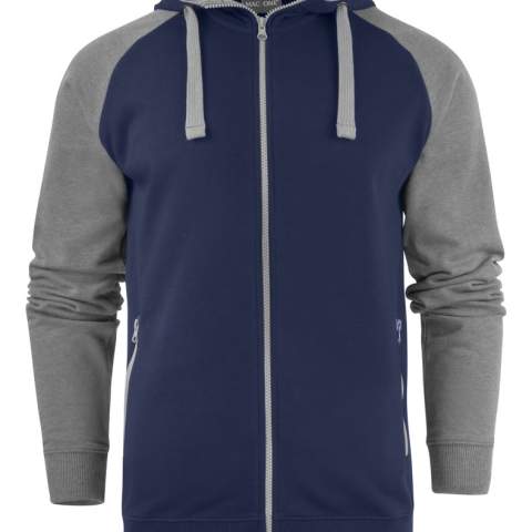 Tweekleurige hoodie met voorzakken. Binnenzijde is geborsteld. Ribbord aan manchetten en boord onderaan. Wasbaar op 60°.