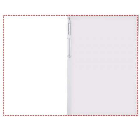 Essential conference pack A4. Includes an A4 notepad with 50 sheets (80g/m2) blank paper and a calypso pen in the spine area. The conference pack has a hard cover (350g/m2). Full colour decoration possible on both sides of the cover, as well as on each sheet.