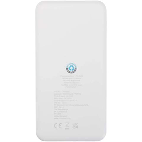 Stay charged with the Intan 10.000 mAh power bank, made from recycled plastic. It features two USB-A output ports, a Type-C input/output port, and a micro-USB input for flexible charging options. The sleek design includes an LED indicator to display charging status, making it a reliable power source throughout the day.
