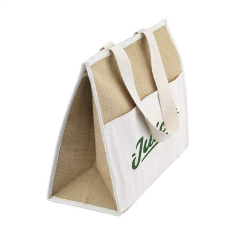 WoW! Spacious shopping / cooler bag with insulating, aluminium interior and Velcro closure. Ideal for transporting frozen items and also suitable for keeping food and drinks cool during a day out. Supplied in natural colours with a material combination of sturdy jute and cotton. Long, woven handles. The Velcro front pocket offers extra storage space. Suitable as a shopping bag, cooler bag or beach bag. Capacity approx. 28 litres.