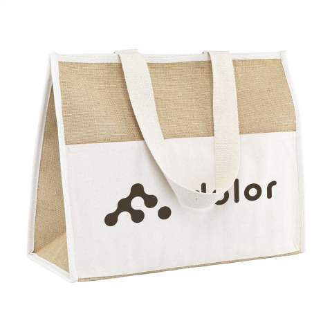WoW! Spacious shopping / cooler bag with insulating, aluminium interior and Velcro closure. Ideal for transporting frozen items and also suitable for keeping food and drinks cool during a day out. Supplied in natural colours with a material combination of sturdy jute and cotton. Long, woven handles. The Velcro front pocket offers extra storage space. Suitable as a shopping bag, cooler bag or beach bag. Capacity approx. 28 litres.