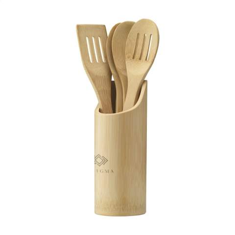 WoW! A 4-piece set of kitchen utensils in holder. The utensils are made of durable bamboo. The holder is made by hand from a bamboo stem and that makes each one unique. Bamboo has natural antibacterial properties and is very hygienic. In addition, wooden kitchen utensils do not damage your pots and pans.   Bamboo is kind to the environment. It grows fast and with minimal resources. After 5 years the plant is mature and can be harvested. After the bamboo plant is harvested, between 4 and 7 new plants grow from the roots. So there is no need for replanting! Also, no herbicides or pesticides need to be used.