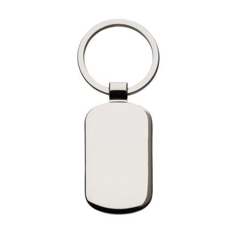 Rechthoekige, hoogglans, nikkelen sleutelhanger met zwart metalen inlay en stevige sleutelring. Chic en exclusief. Per stuk in kraft envelop.
