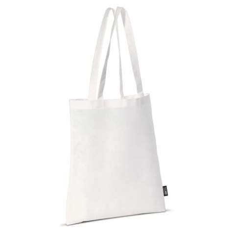 Witte non-woven schoudertas met lange hengsels gemaakt van lichte vezels. Vanaf 10.000 stuks diverse afmetingen mogelijk.