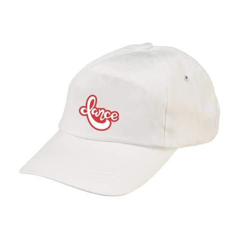 Baseball cap made of 100% cotton with pre-shaped peak and adjustable strap.